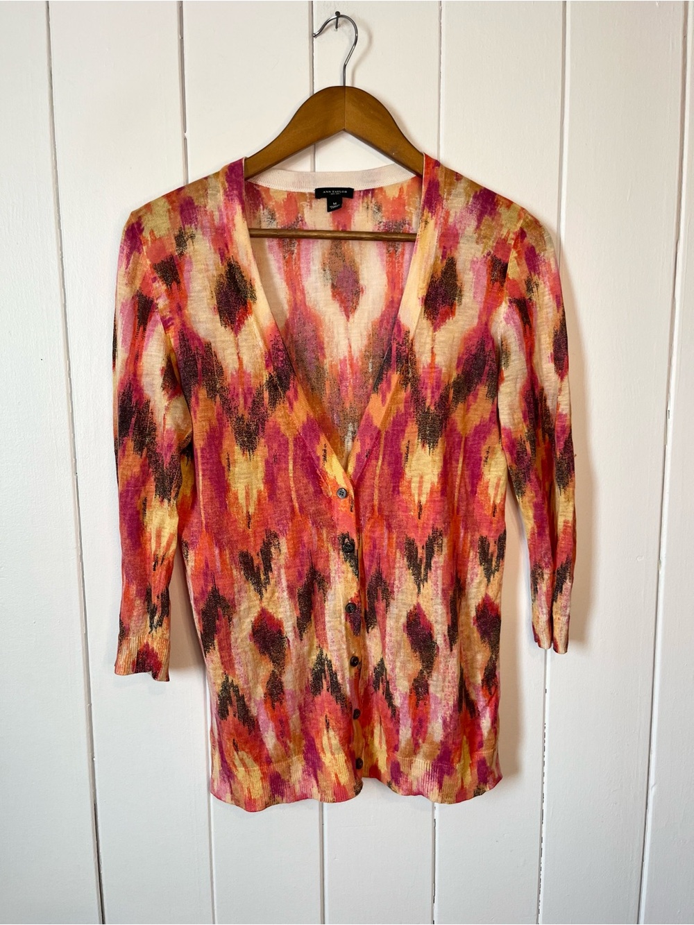 Ann Taylor Silk and Linen Orange Abstract Quarter Length Sheer Cardigan.